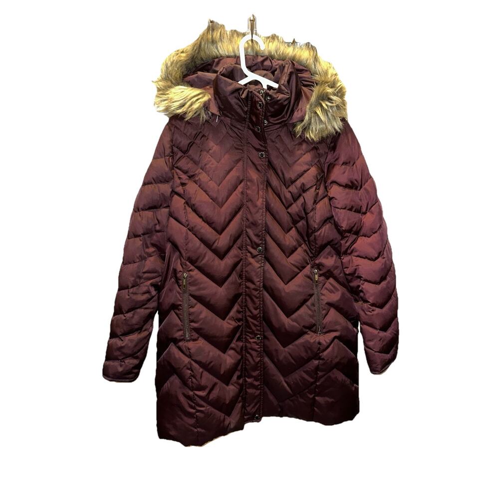 Reaction Kenneth Cole Hooded Down Longline Puffer Jacket Coat Faux Fur Trim S XL